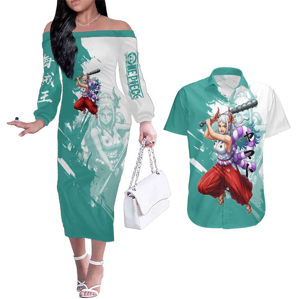 Yamato Oni Warrior One Piece Couples Matching Off The Shoulder Long Sleeve Dress and Hawaiian Shirt Japanese Anime Manga Graphic