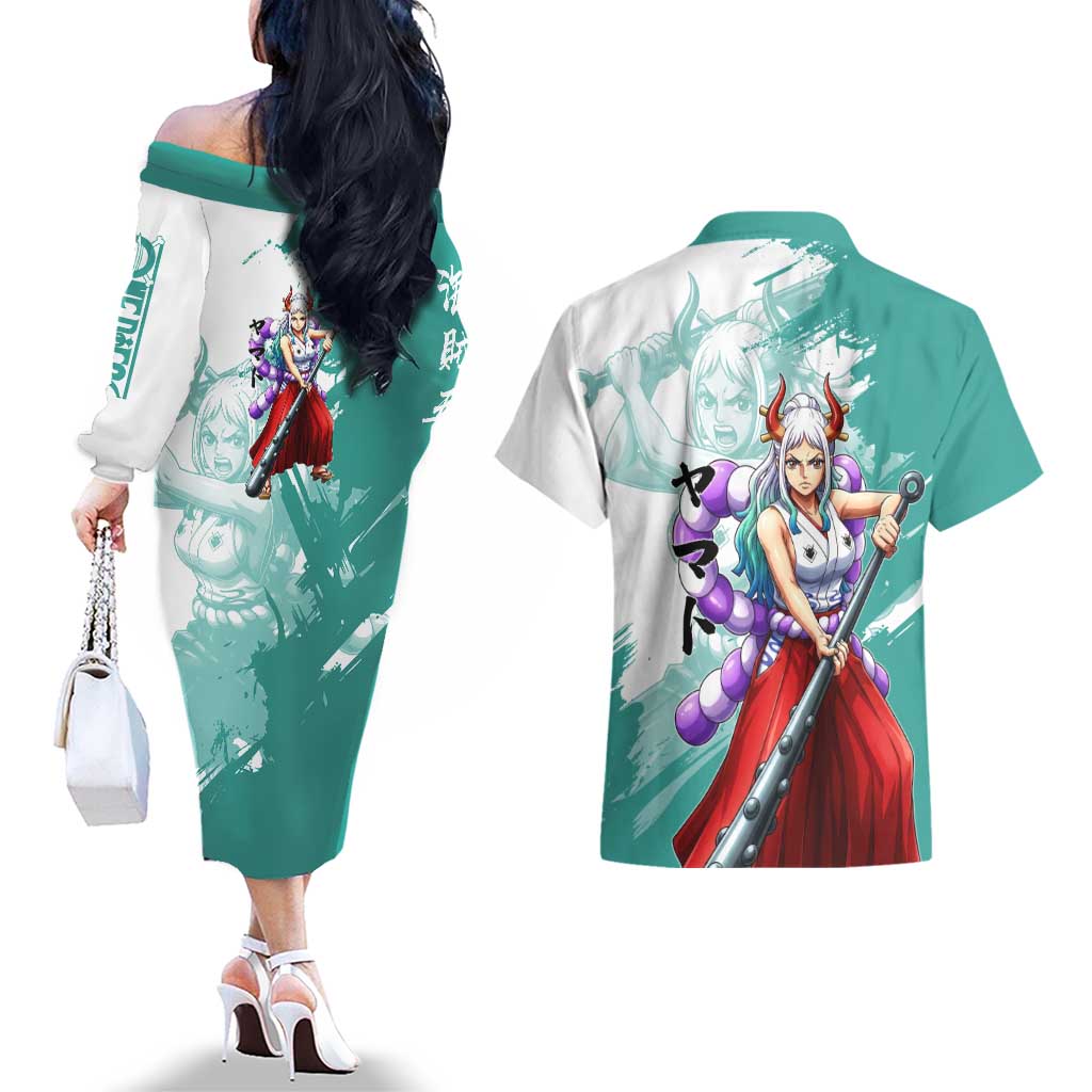 Yamato Oni Warrior One Piece Couples Matching Off The Shoulder Long Sleeve Dress and Hawaiian Shirt Japanese Anime Manga Graphic