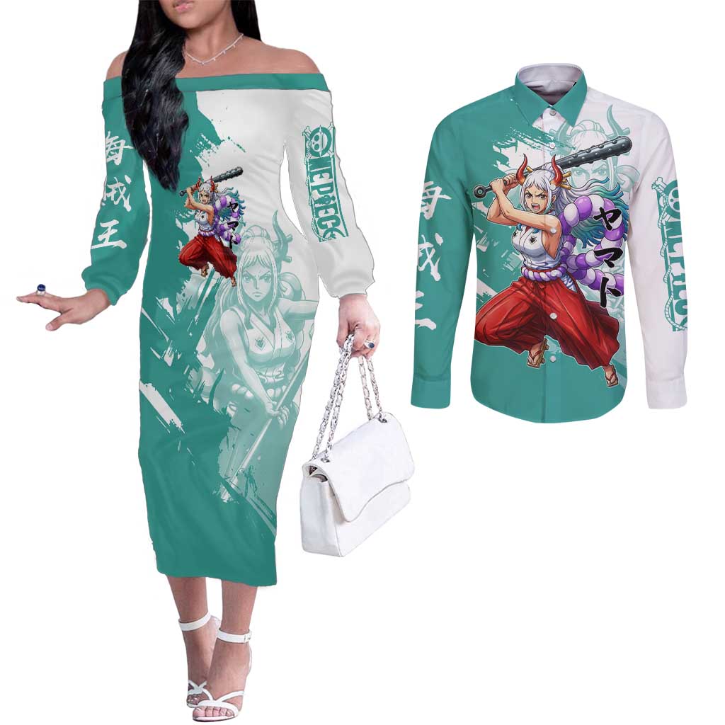 Yamato Oni Warrior One Piece Couples Matching Off The Shoulder Long Sleeve Dress and Long Sleeve Button Shirt Japanese Anime Manga Graphic