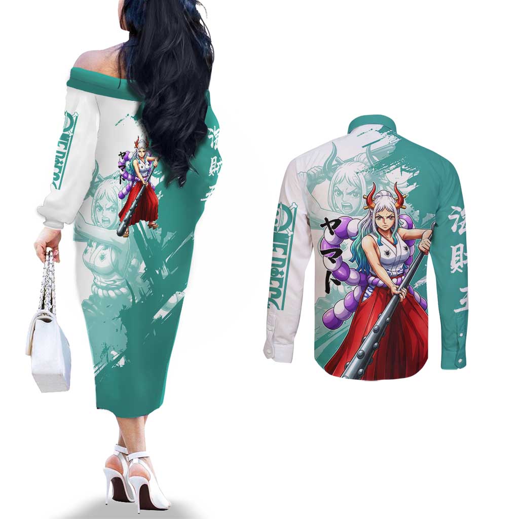 Yamato Oni Warrior One Piece Couples Matching Off The Shoulder Long Sleeve Dress and Long Sleeve Button Shirt Japanese Anime Manga Graphic