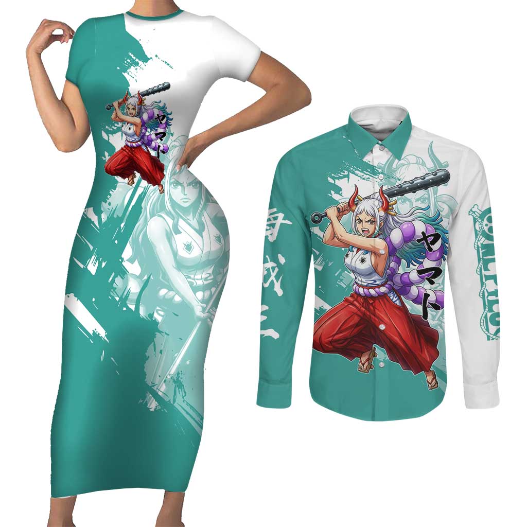 Yamato Oni Warrior One Piece Couples Matching Short Sleeve Bodycon Dress and Long Sleeve Button Shirt Japanese Anime Manga Graphic