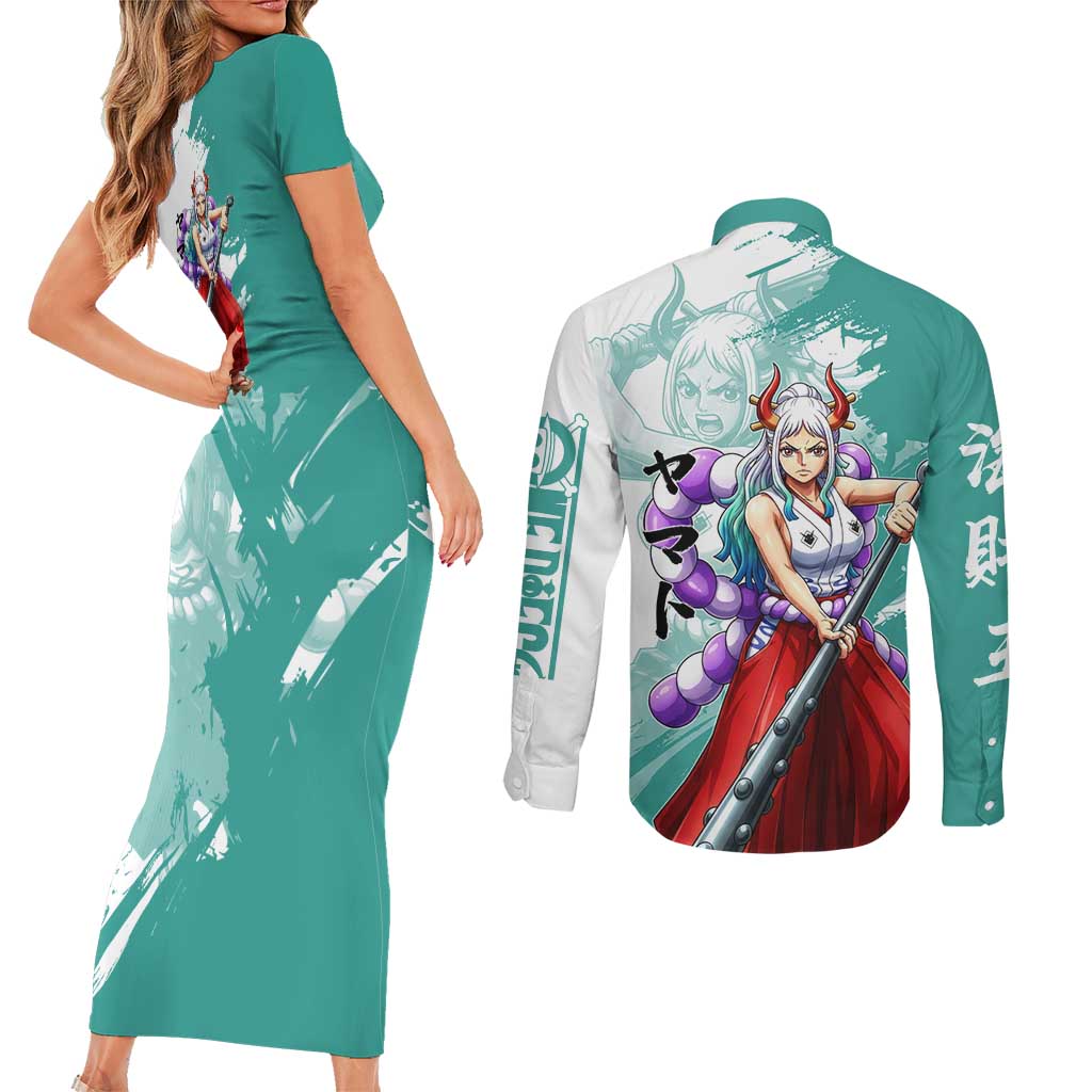Yamato Oni Warrior One Piece Couples Matching Short Sleeve Bodycon Dress and Long Sleeve Button Shirt Japanese Anime Manga Graphic