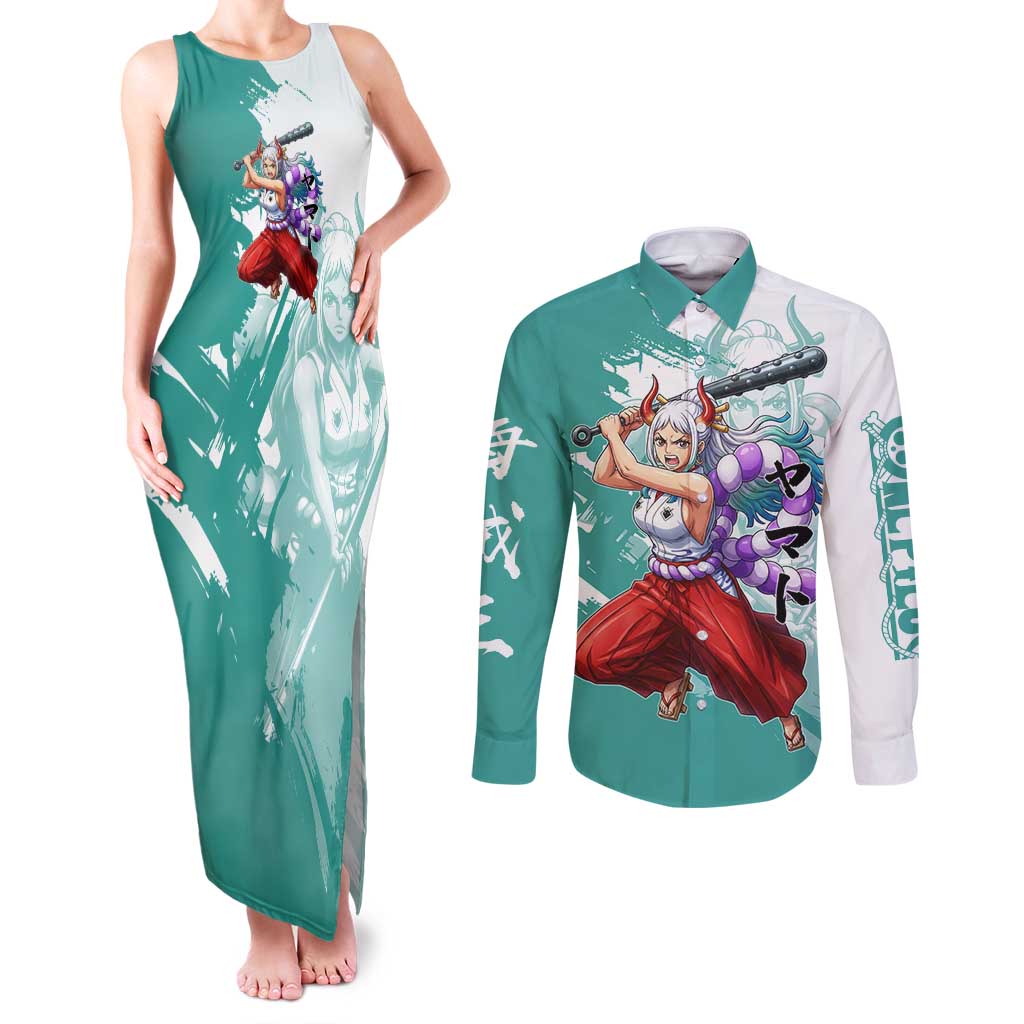 Yamato Oni Warrior One Piece Couples Matching Tank Maxi Dress and Long Sleeve Button Shirt Japanese Anime Manga Graphic