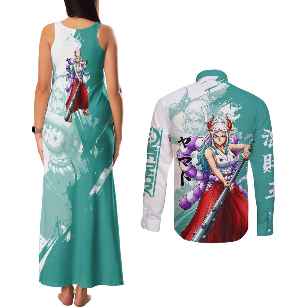 Yamato Oni Warrior One Piece Couples Matching Tank Maxi Dress and Long Sleeve Button Shirt Japanese Anime Manga Graphic