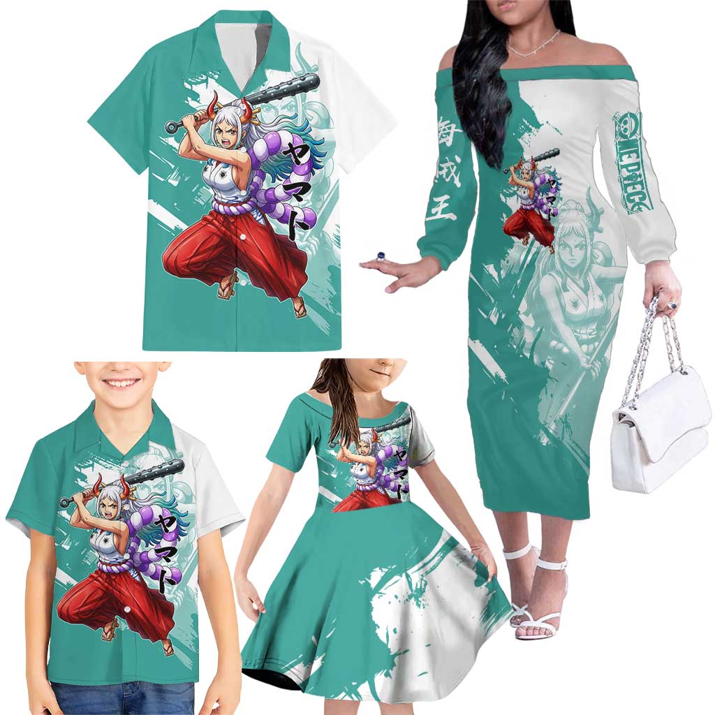 Yamato Oni Warrior One Piece Family Matching Off The Shoulder Long Sleeve Dress and Hawaiian Shirt Japanese Anime Manga Graphic