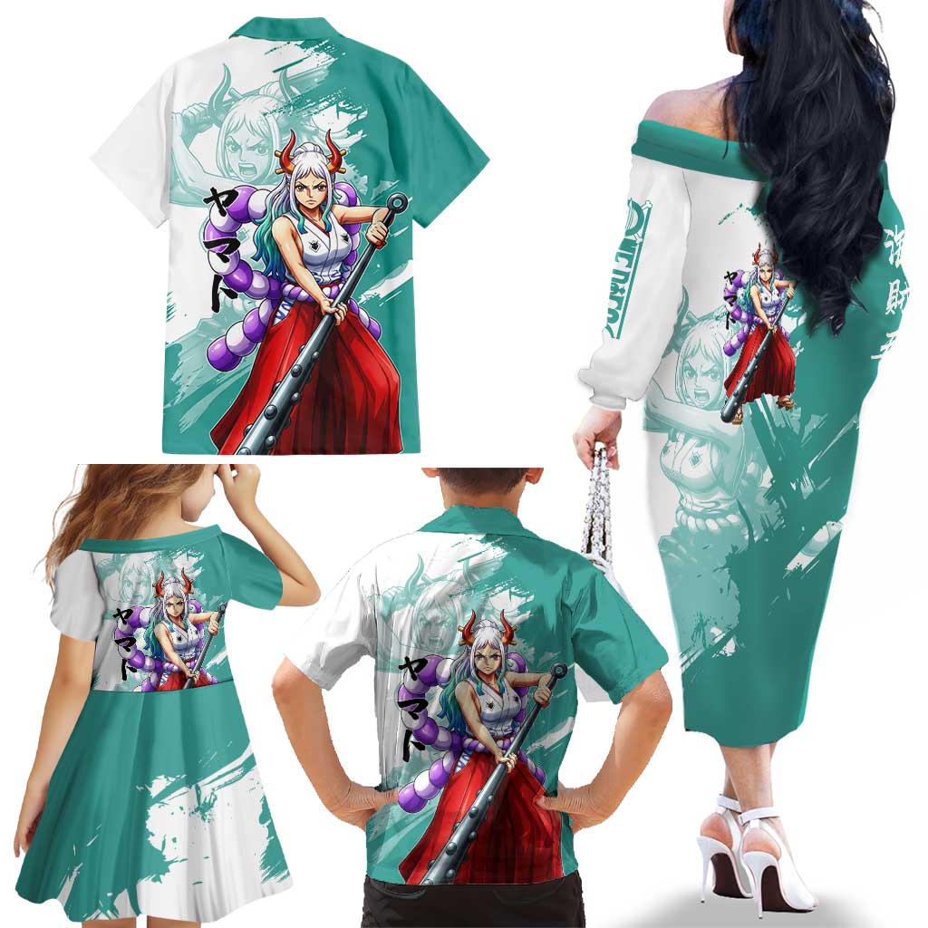 Yamato Oni Warrior One Piece Family Matching Off The Shoulder Long Sleeve Dress and Hawaiian Shirt Japanese Anime Manga Graphic