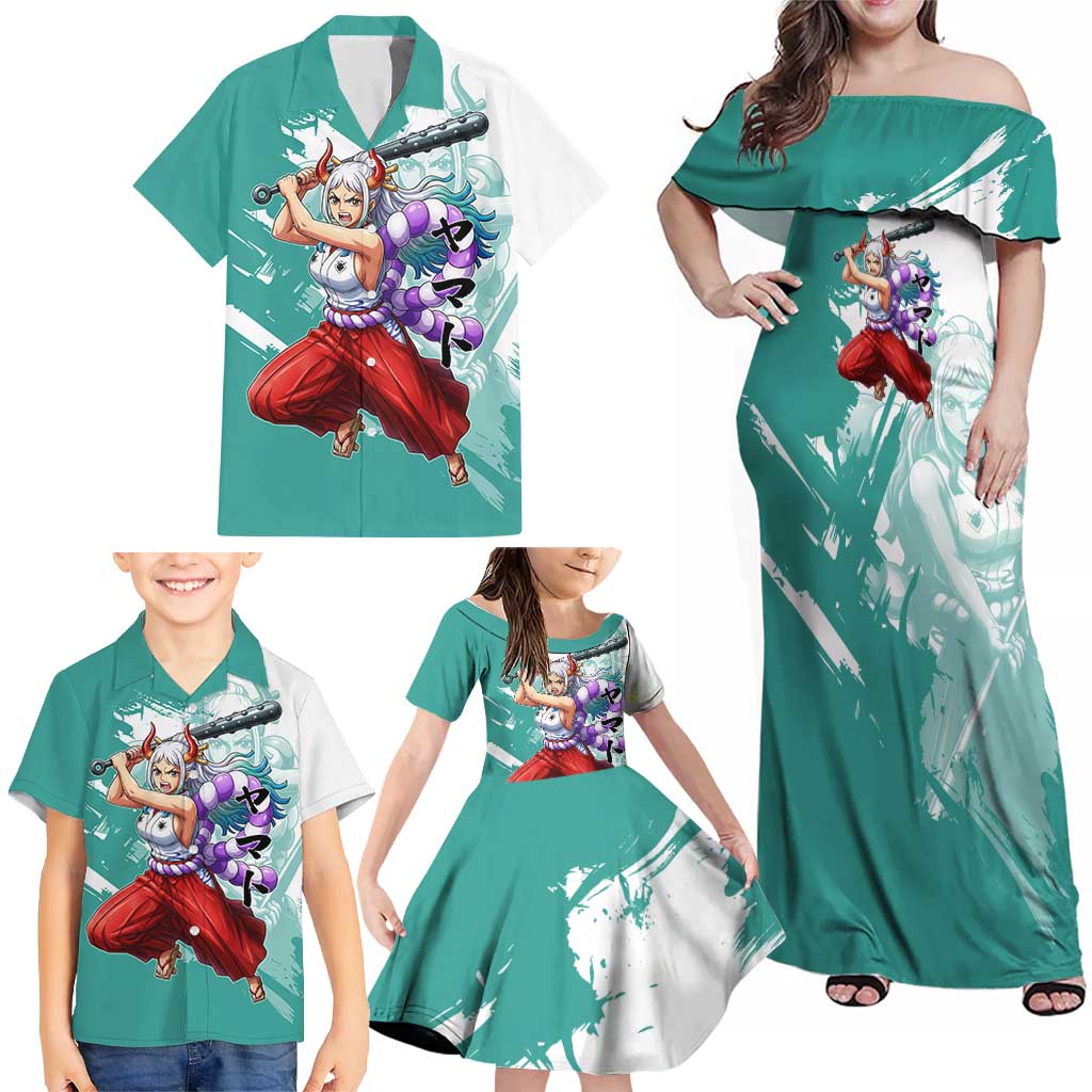 Yamato Oni Warrior One Piece Family Matching Off Shoulder Maxi Dress and Hawaiian Shirt Japanese Anime Manga Graphic