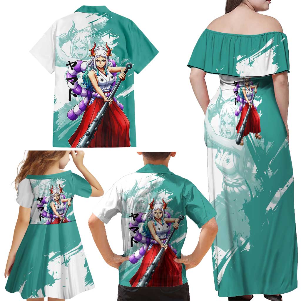 Yamato Oni Warrior One Piece Family Matching Off Shoulder Maxi Dress and Hawaiian Shirt Japanese Anime Manga Graphic