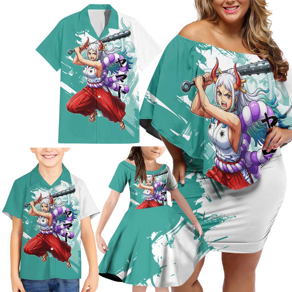 Yamato Oni Warrior One Piece Family Matching Off Shoulder Short Dress and Hawaiian Shirt Japanese Anime Manga Graphic
