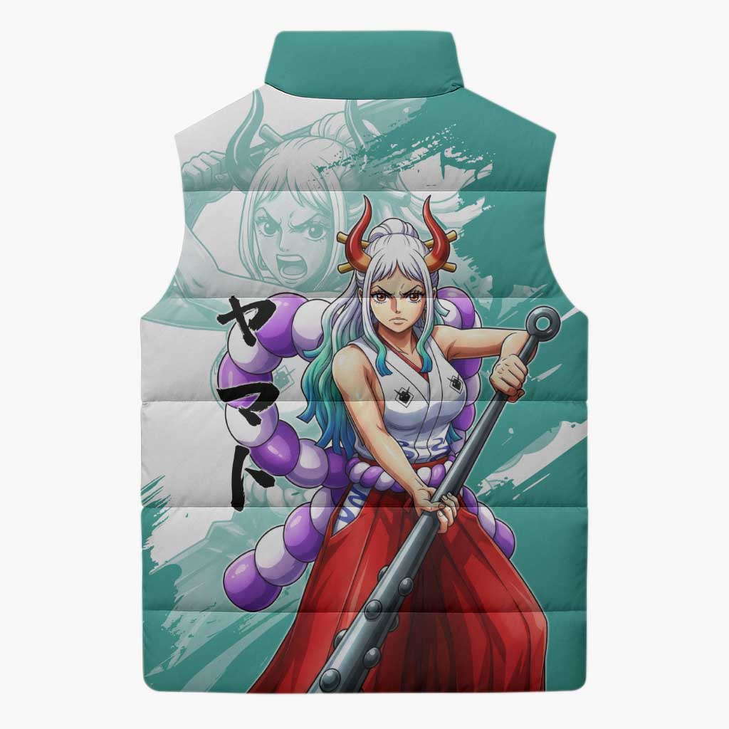 Yamato Oni Warrior One Piece Sleeveless Puffer Jacket Japanese Anime Manga Graphic