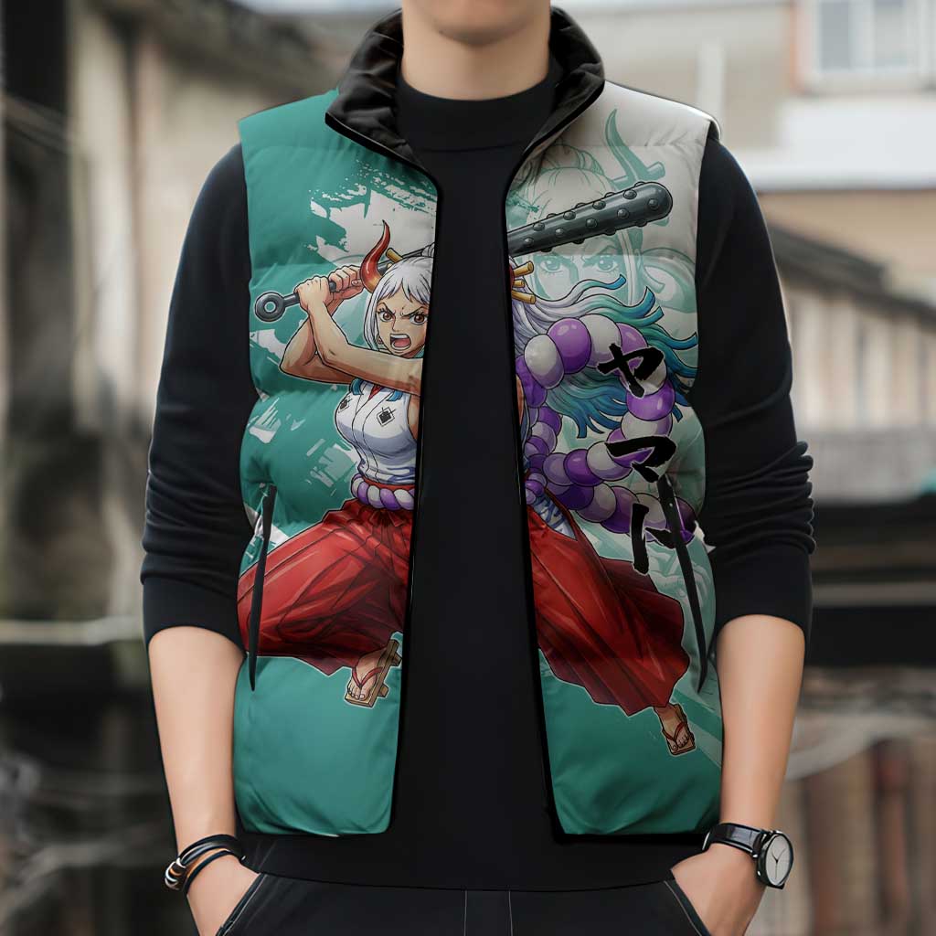 Yamato Oni Warrior One Piece Sleeveless Puffer Jacket Japanese Anime Manga Graphic