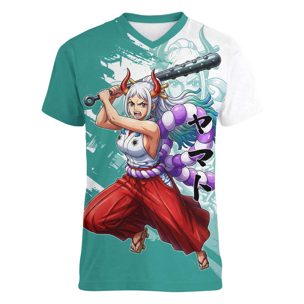 Yamato Oni Warrior One Piece Women V-Neck T-Shirt Japanese Anime Manga Graphic