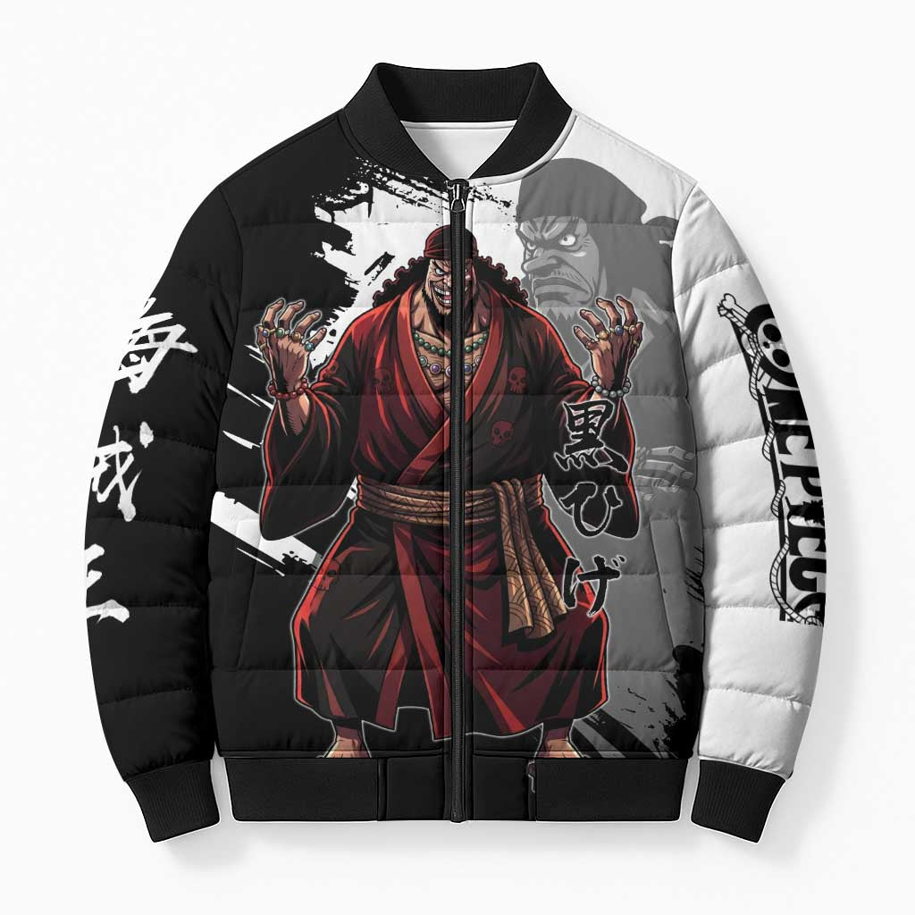 One Piece Blackbeard Bomber Puffer Jacket Dark Emperor Ink Splash Graphic