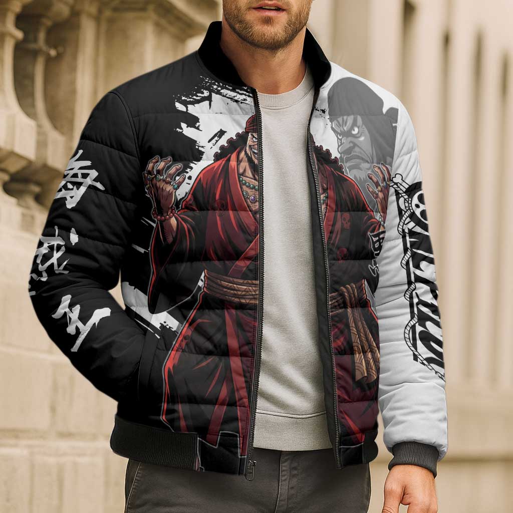One Piece Blackbeard Bomber Puffer Jacket Dark Emperor Ink Splash Graphic