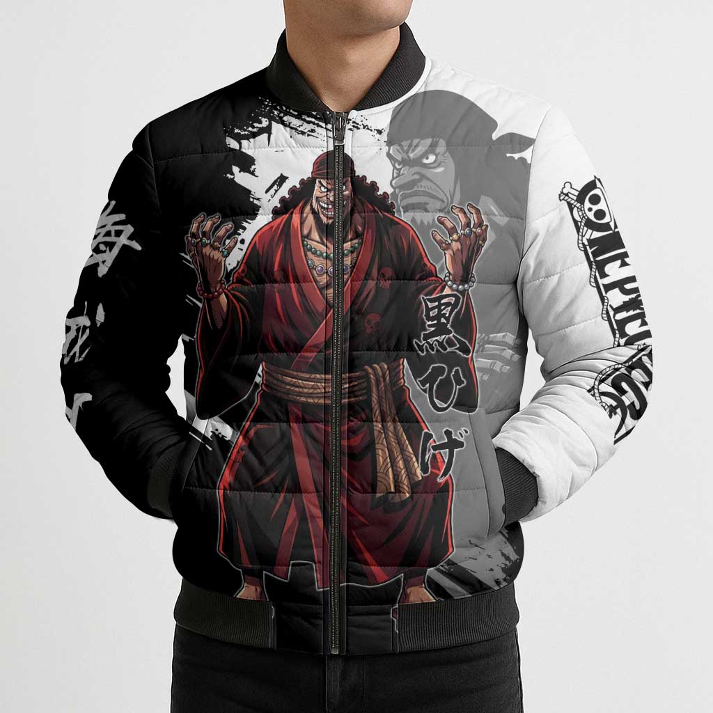One Piece Blackbeard Bomber Puffer Jacket Dark Emperor Ink Splash Graphic
