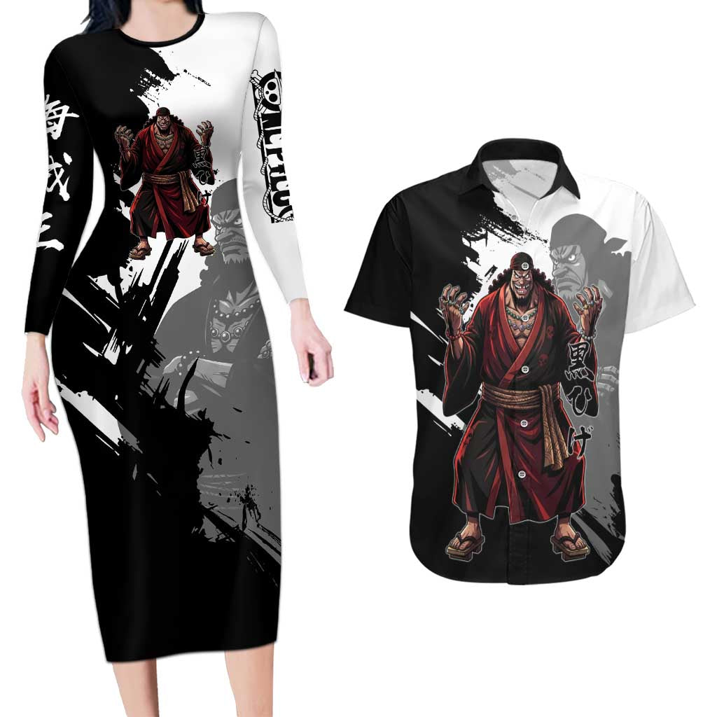 One Piece Blackbeard Couples Matching Long Sleeve Bodycon Dress and Hawaiian Shirt Dark Emperor Ink Splash Graphic