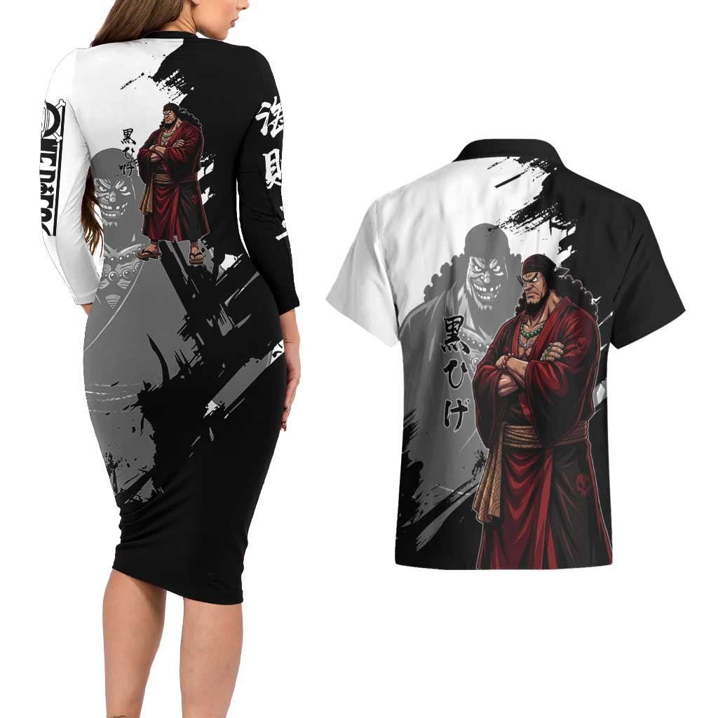 One Piece Blackbeard Couples Matching Long Sleeve Bodycon Dress and Hawaiian Shirt Dark Emperor Ink Splash Graphic