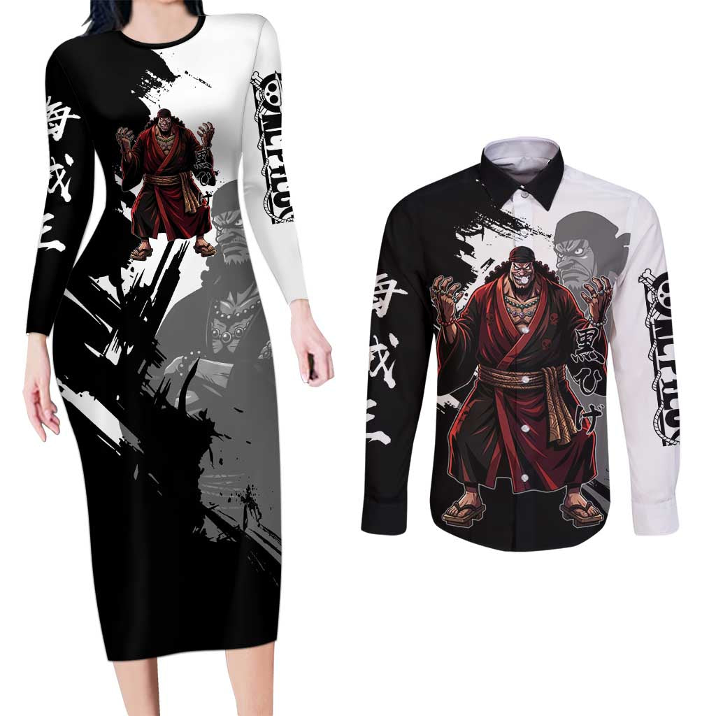One Piece Blackbeard Couples Matching Long Sleeve Bodycon Dress and Long Sleeve Button Shirt Dark Emperor Ink Splash Graphic