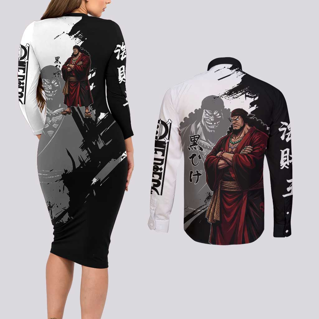 One Piece Blackbeard Couples Matching Long Sleeve Bodycon Dress and Long Sleeve Button Shirt Dark Emperor Ink Splash Graphic