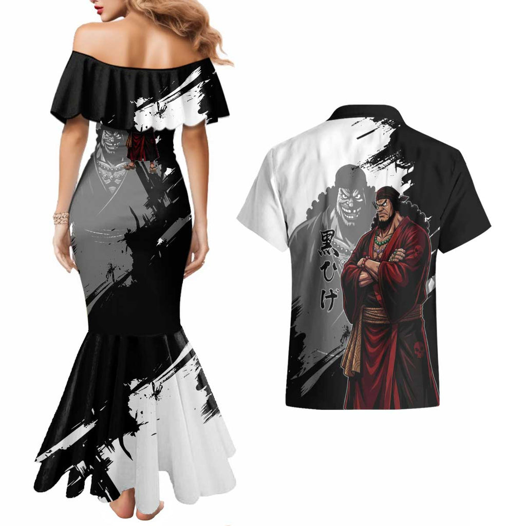 One Piece Blackbeard Couples Matching Mermaid Dress and Hawaiian Shirt Dark Emperor Ink Splash Graphic