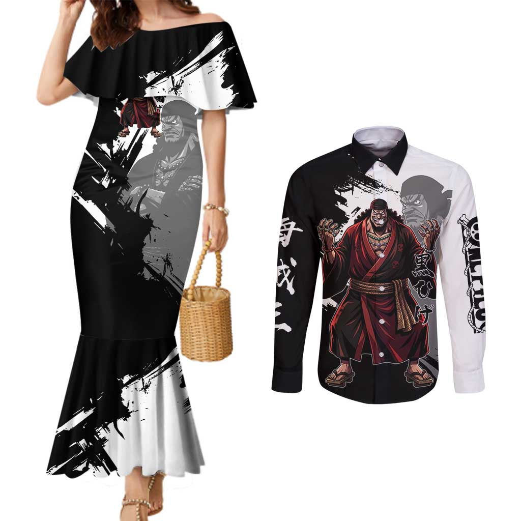 One Piece Blackbeard Couples Matching Mermaid Dress and Long Sleeve Button Shirt Dark Emperor Ink Splash Graphic