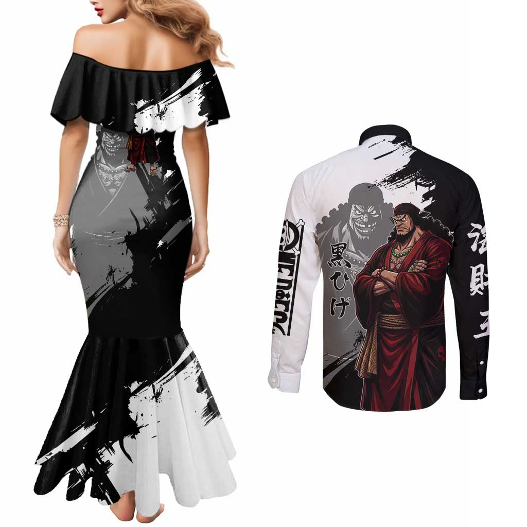 One Piece Blackbeard Couples Matching Mermaid Dress and Long Sleeve Button Shirt Dark Emperor Ink Splash Graphic