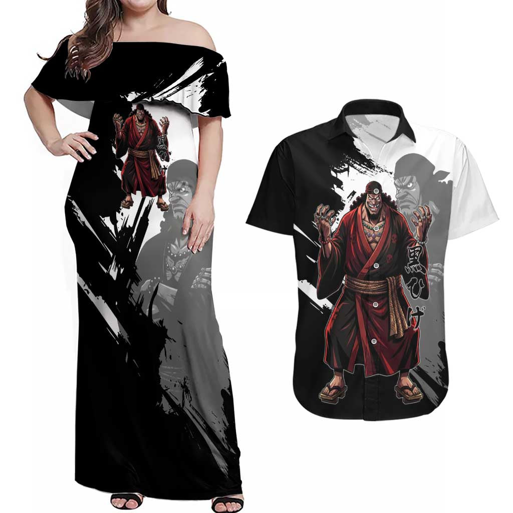One Piece Blackbeard Couples Matching Off Shoulder Maxi Dress and Hawaiian Shirt Dark Emperor Ink Splash Graphic