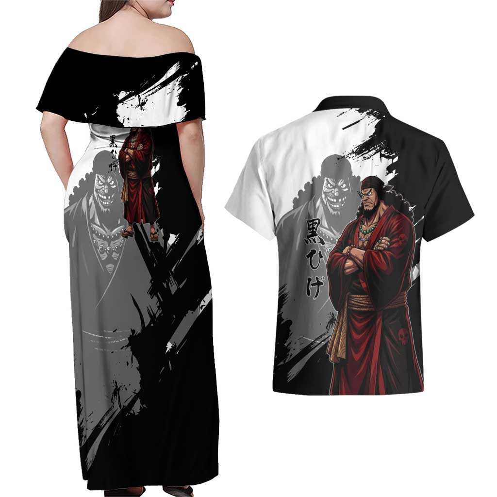 One Piece Blackbeard Couples Matching Off Shoulder Maxi Dress and Hawaiian Shirt Dark Emperor Ink Splash Graphic