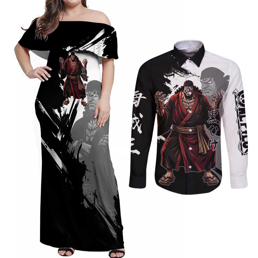 One Piece Blackbeard Couples Matching Off Shoulder Maxi Dress and Long Sleeve Button Shirt Dark Emperor Ink Splash Graphic