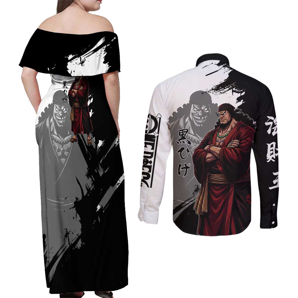One Piece Blackbeard Couples Matching Off Shoulder Maxi Dress and Long Sleeve Button Shirt Dark Emperor Ink Splash Graphic