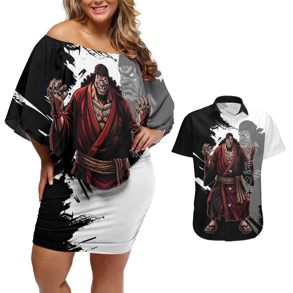 One Piece Blackbeard Couples Matching Off Shoulder Short Dress and Hawaiian Shirt Dark Emperor Ink Splash Graphic