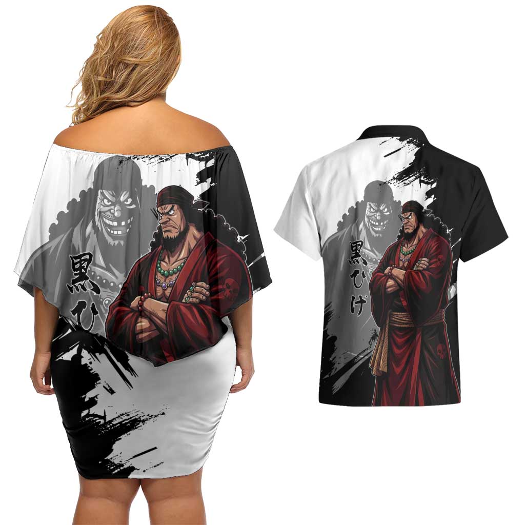 One Piece Blackbeard Couples Matching Off Shoulder Short Dress and Hawaiian Shirt Dark Emperor Ink Splash Graphic