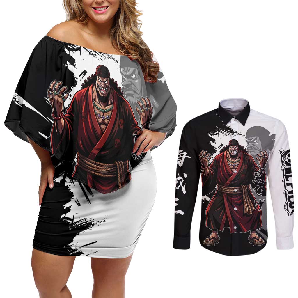 One Piece Blackbeard Couples Matching Off Shoulder Short Dress and Long Sleeve Button Shirt Dark Emperor Ink Splash Graphic