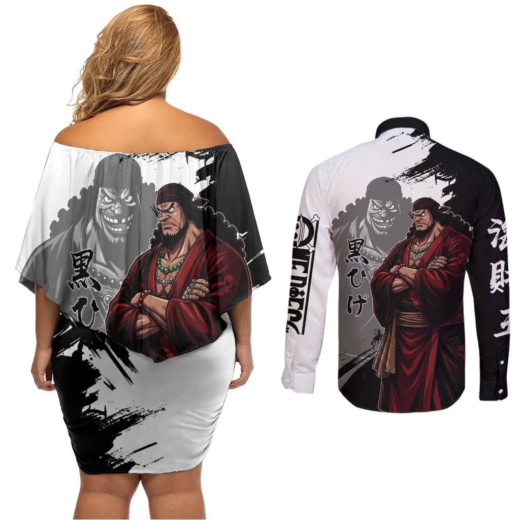 One Piece Blackbeard Couples Matching Off Shoulder Short Dress and Long Sleeve Button Shirt Dark Emperor Ink Splash Graphic