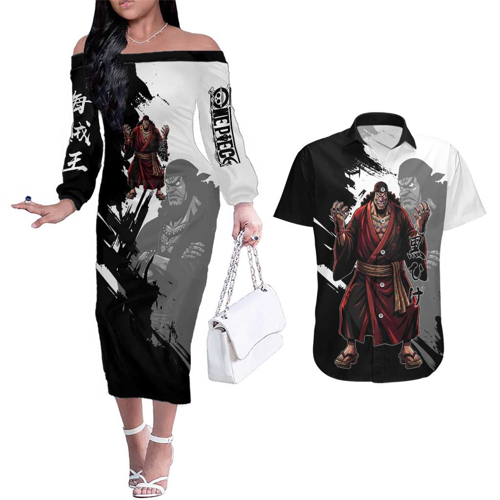 One Piece Blackbeard Couples Matching Off The Shoulder Long Sleeve Dress and Hawaiian Shirt Dark Emperor Ink Splash Graphic