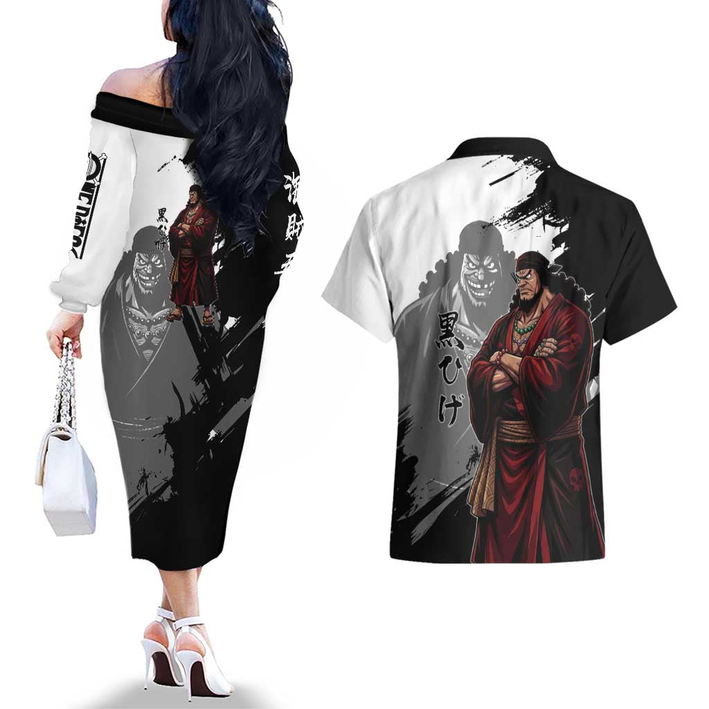 One Piece Blackbeard Couples Matching Off The Shoulder Long Sleeve Dress and Hawaiian Shirt Dark Emperor Ink Splash Graphic