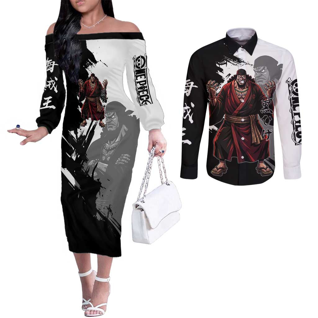 One Piece Blackbeard Couples Matching Off The Shoulder Long Sleeve Dress and Long Sleeve Button Shirt Dark Emperor Ink Splash Graphic