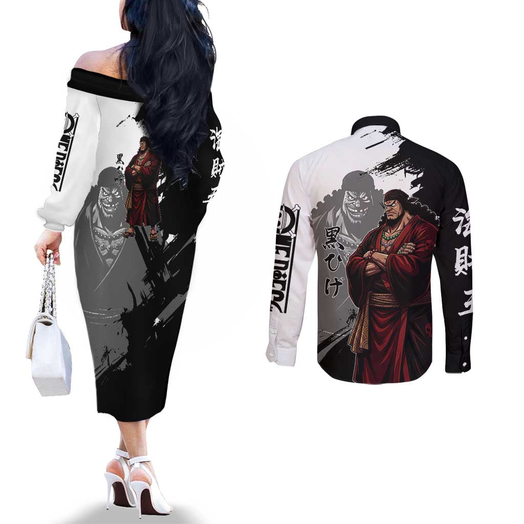 One Piece Blackbeard Couples Matching Off The Shoulder Long Sleeve Dress and Long Sleeve Button Shirt Dark Emperor Ink Splash Graphic