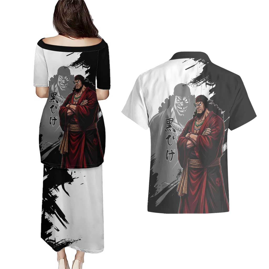 One Piece Blackbeard Couples Matching Puletasi and Hawaiian Shirt Dark Emperor Ink Splash Graphic