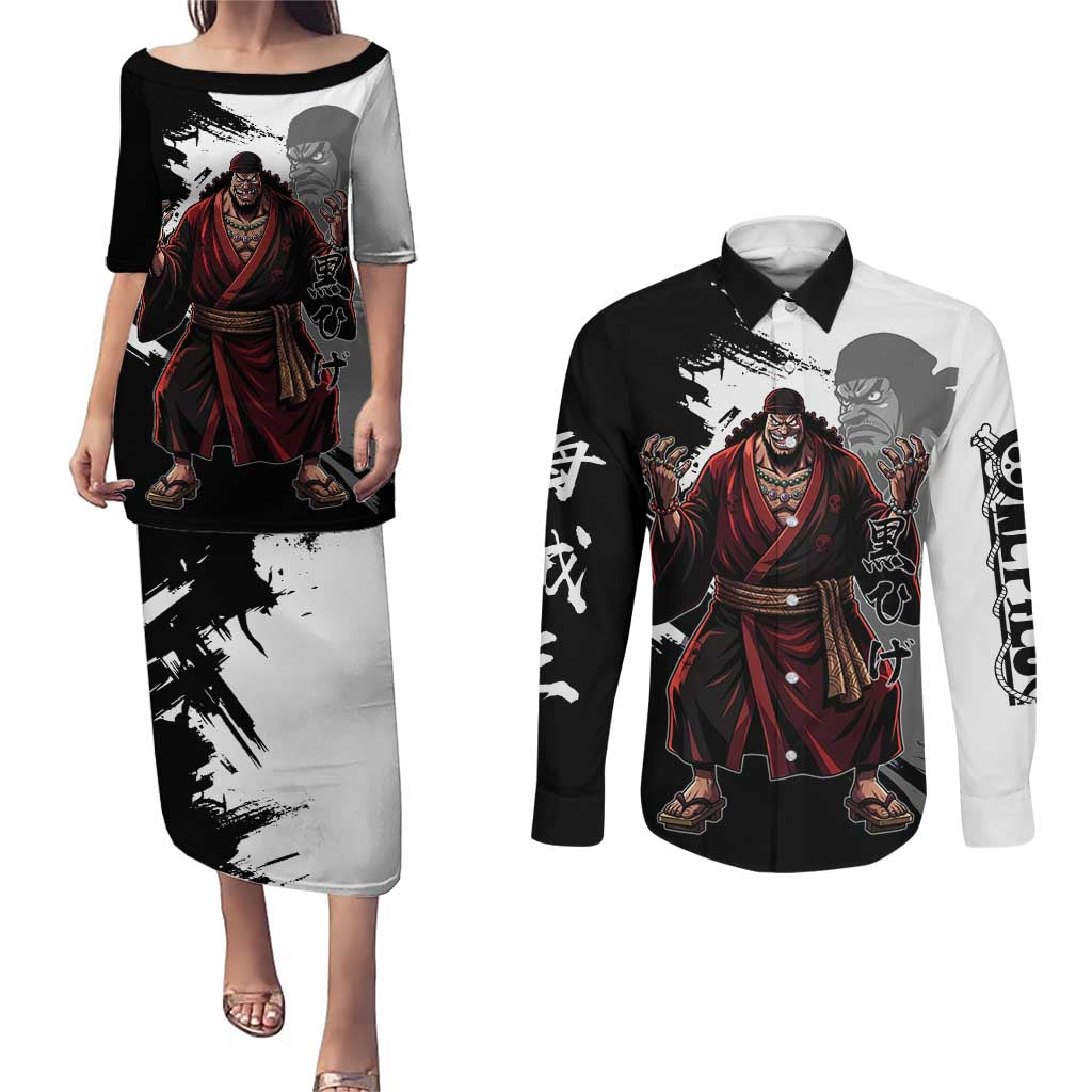 One Piece Blackbeard Couples Matching Puletasi and Long Sleeve Button Shirt Dark Emperor Ink Splash Graphic