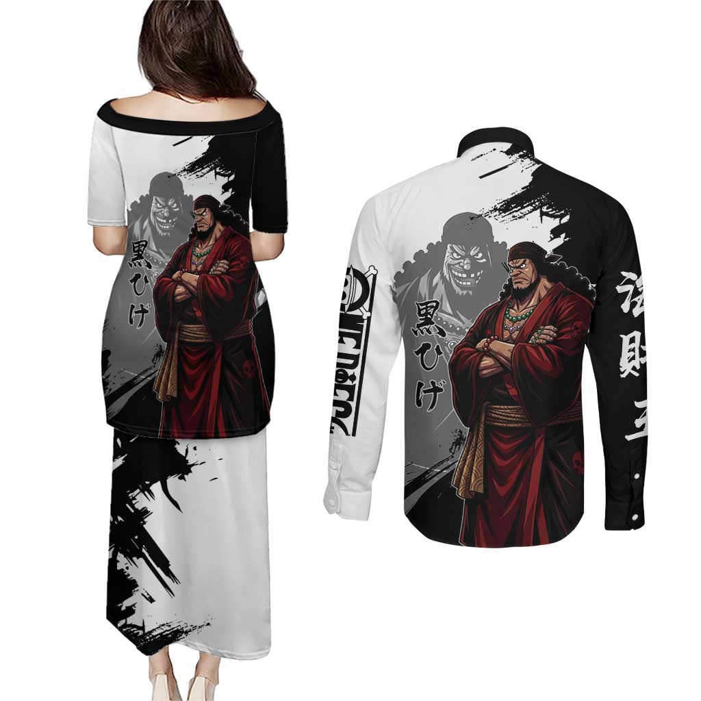 One Piece Blackbeard Couples Matching Puletasi and Long Sleeve Button Shirt Dark Emperor Ink Splash Graphic
