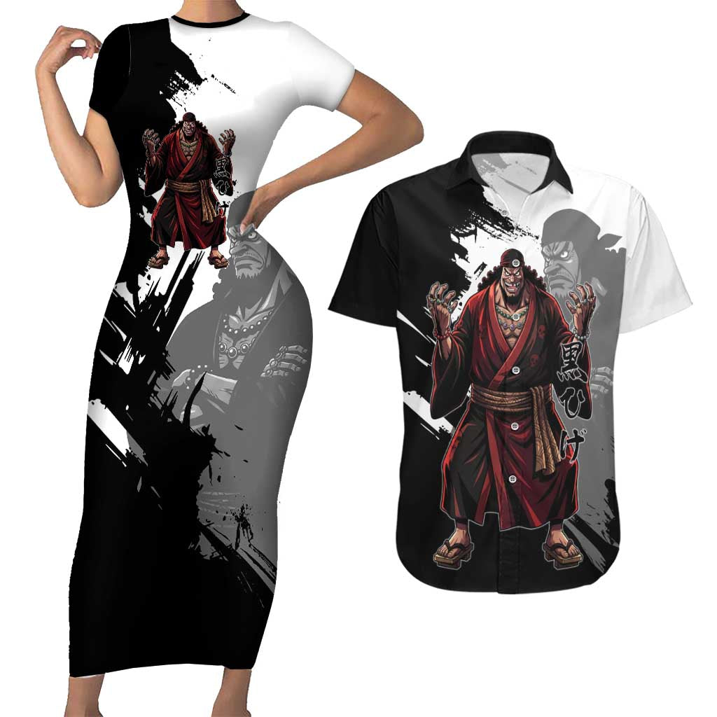 One Piece Blackbeard Couples Matching Short Sleeve Bodycon Dress and Hawaiian Shirt Dark Emperor Ink Splash Graphic