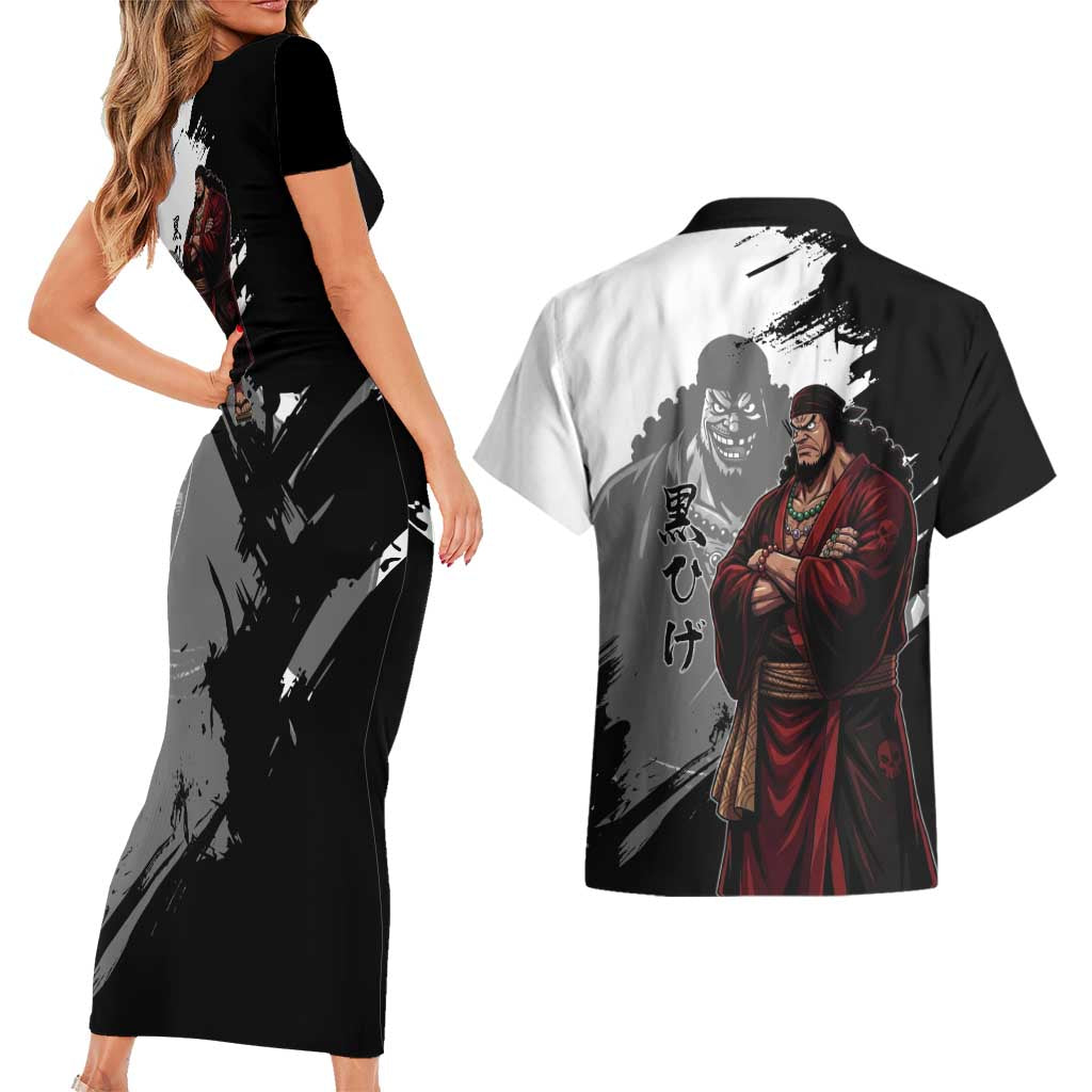 One Piece Blackbeard Couples Matching Short Sleeve Bodycon Dress and Hawaiian Shirt Dark Emperor Ink Splash Graphic