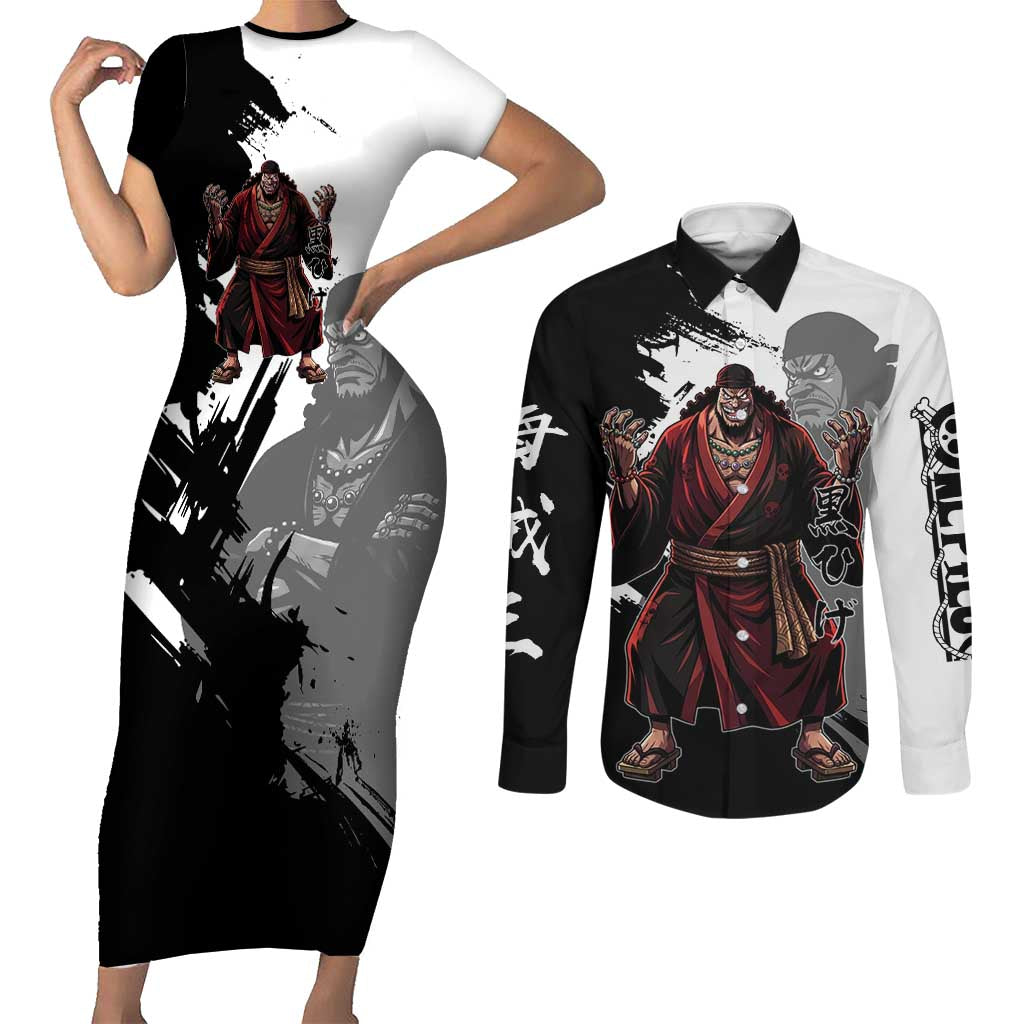 One Piece Blackbeard Couples Matching Short Sleeve Bodycon Dress and Long Sleeve Button Shirt Dark Emperor Ink Splash Graphic