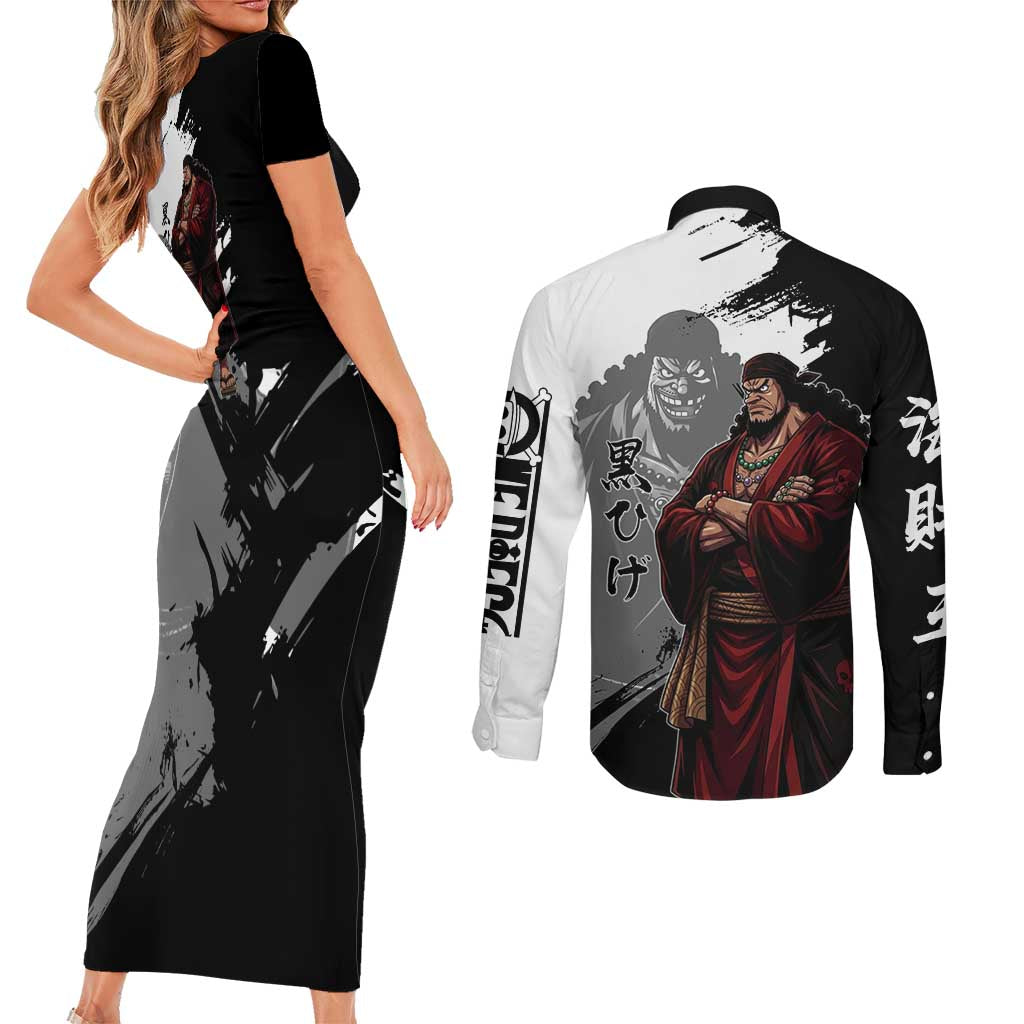One Piece Blackbeard Couples Matching Short Sleeve Bodycon Dress and Long Sleeve Button Shirt Dark Emperor Ink Splash Graphic