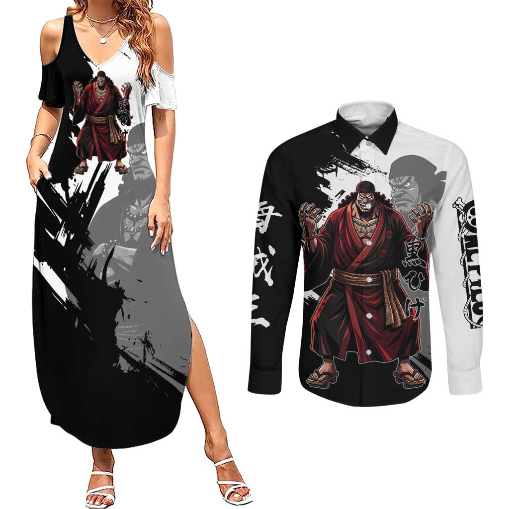 One Piece Blackbeard Couples Matching Summer Maxi Dress and Long Sleeve Button Shirt Dark Emperor Ink Splash Graphic