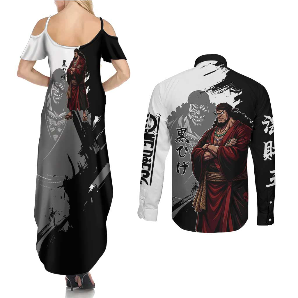 One Piece Blackbeard Couples Matching Summer Maxi Dress and Long Sleeve Button Shirt Dark Emperor Ink Splash Graphic