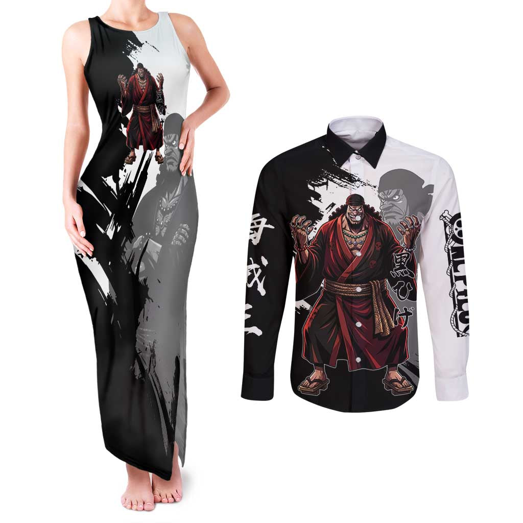 One Piece Blackbeard Couples Matching Tank Maxi Dress and Long Sleeve Button Shirt Dark Emperor Ink Splash Graphic