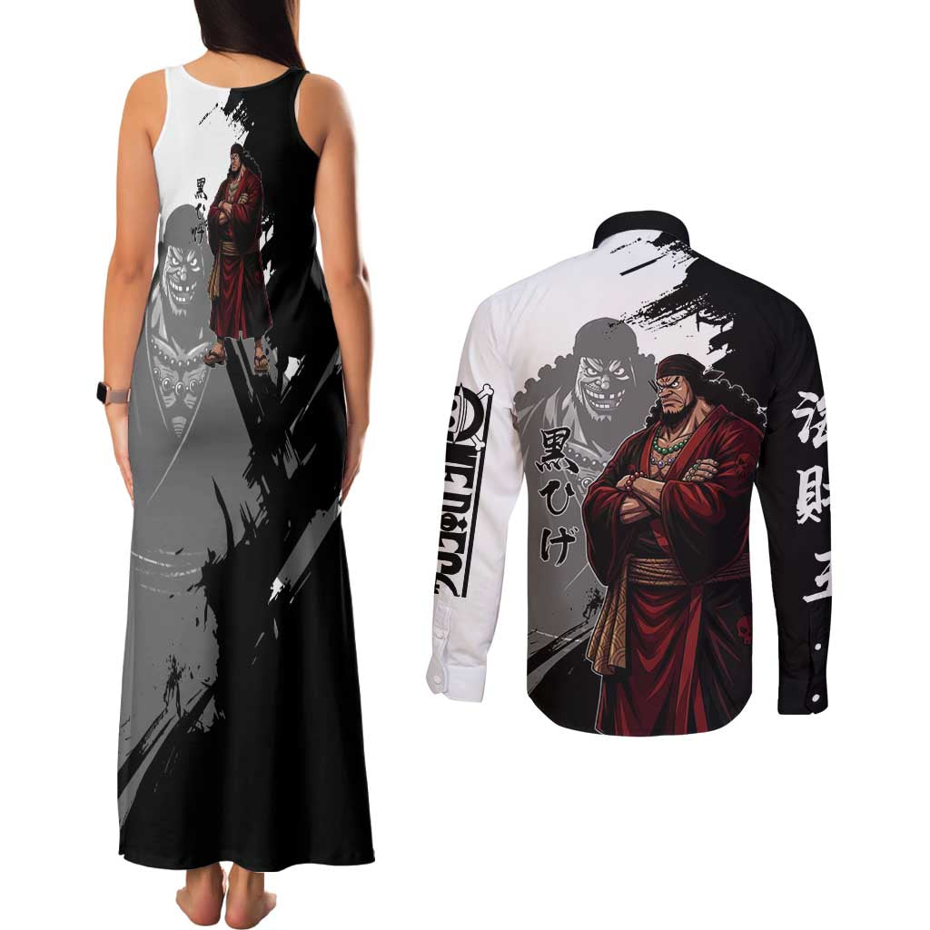 One Piece Blackbeard Couples Matching Tank Maxi Dress and Long Sleeve Button Shirt Dark Emperor Ink Splash Graphic