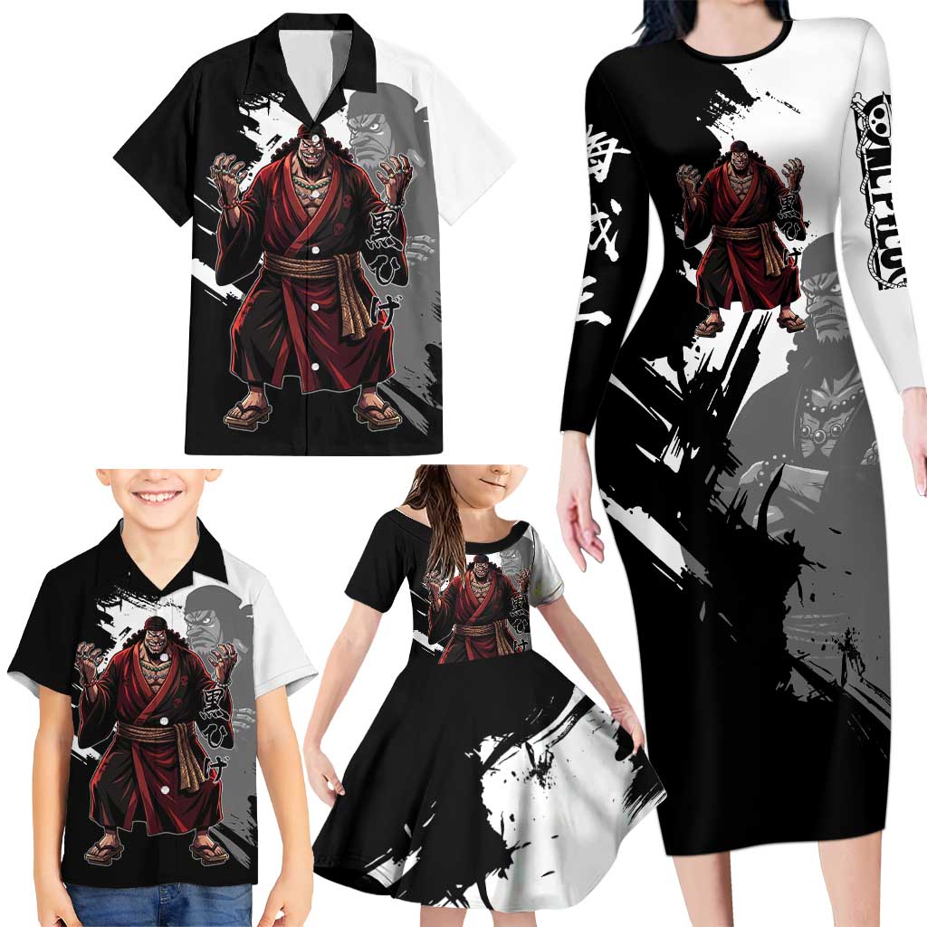 One Piece Blackbeard Family Matching Long Sleeve Bodycon Dress and Hawaiian Shirt Dark Emperor Ink Splash Graphic